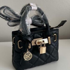 Badgley Mischka Black Quilted Mini Bag with Gold lock and other Accents